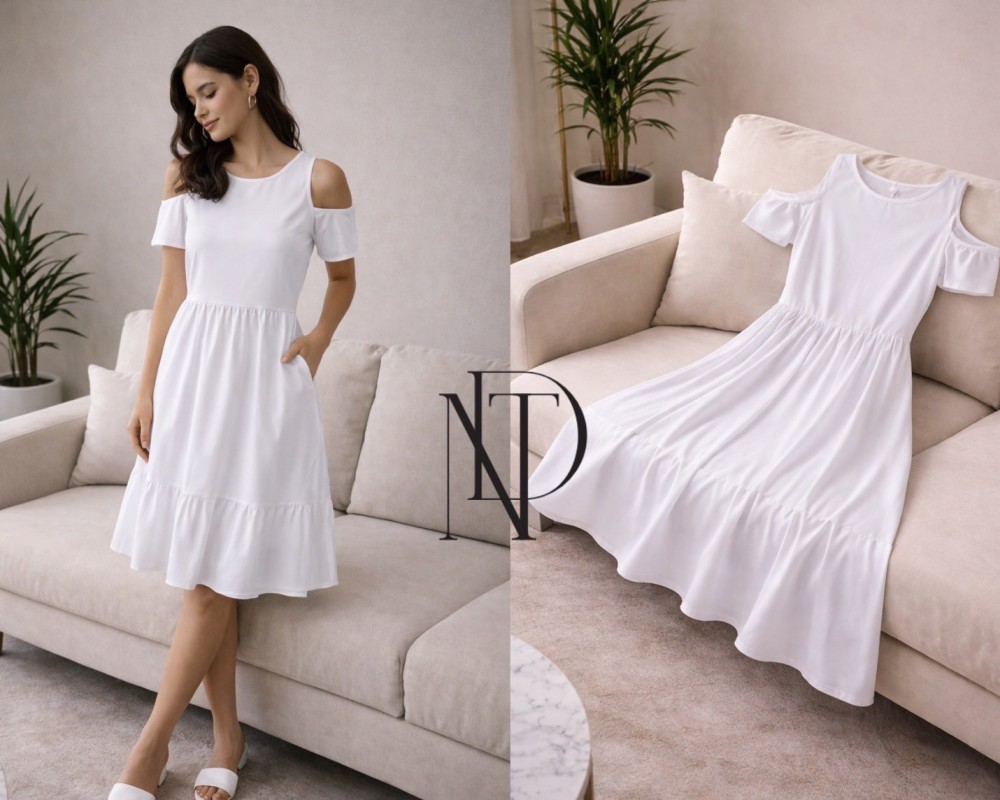 D079 : เดรสสีขาว เปิดไหล่ ใส่สบาย(พร้อมส่งภายใน 24 ชม.)White off-shoulder dress, comfortable to wear (ready to ship within 24 hours)