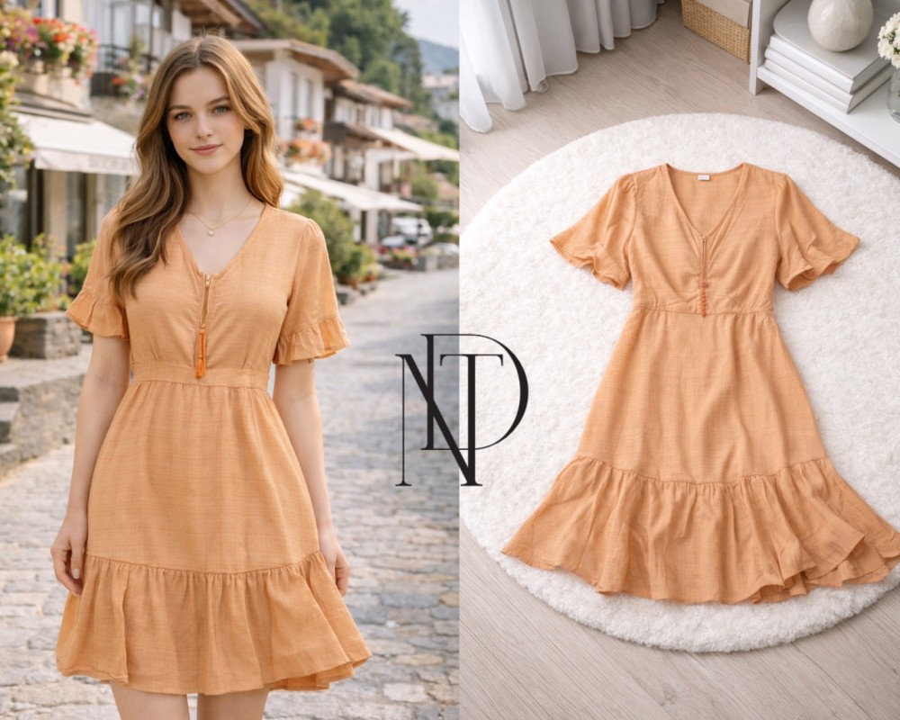 D081 : เดรสสีพีชแขนสั้น(พร้อมส่งภายใน 24 ชม.) Peach short-sleeve dress (ready to ship within 24 hours)