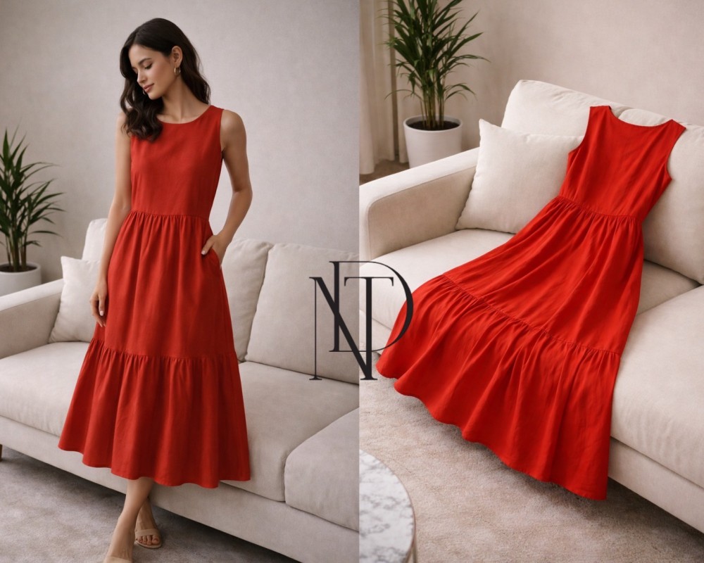 D082 : เดรสแดง ทรงสวย ผ้าพริ้ว(พร้อมส่งภายใน 24 ชม.)  Red dress, beautiful shape, flowy fabric (ready to ship within 24 hours)