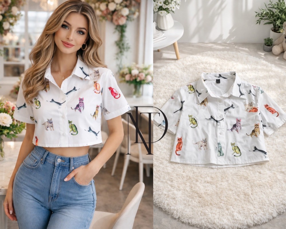 F081 : เสื้อเชิ้ตครอปแขนสั้นลายแมว (พร้อมส่งภายใน 24 ชม.) Short-sleeve crop shirt with cat pattern (ready to ship within 24 hours)
