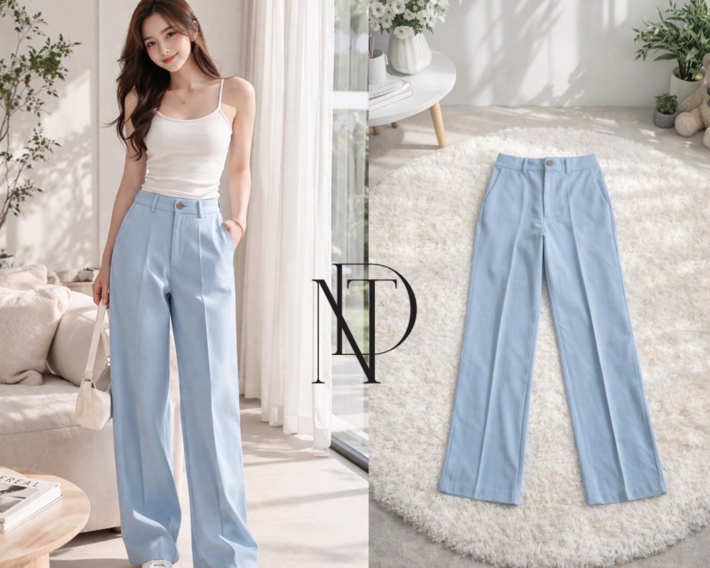 P022 : กางเกงขายาวสีฟ้าพาสเทล ทรงตรง (พร้อมส่งภายใน 24 ชม.) Pastel blue straight-leg pants (ready to ship within 24 hours)