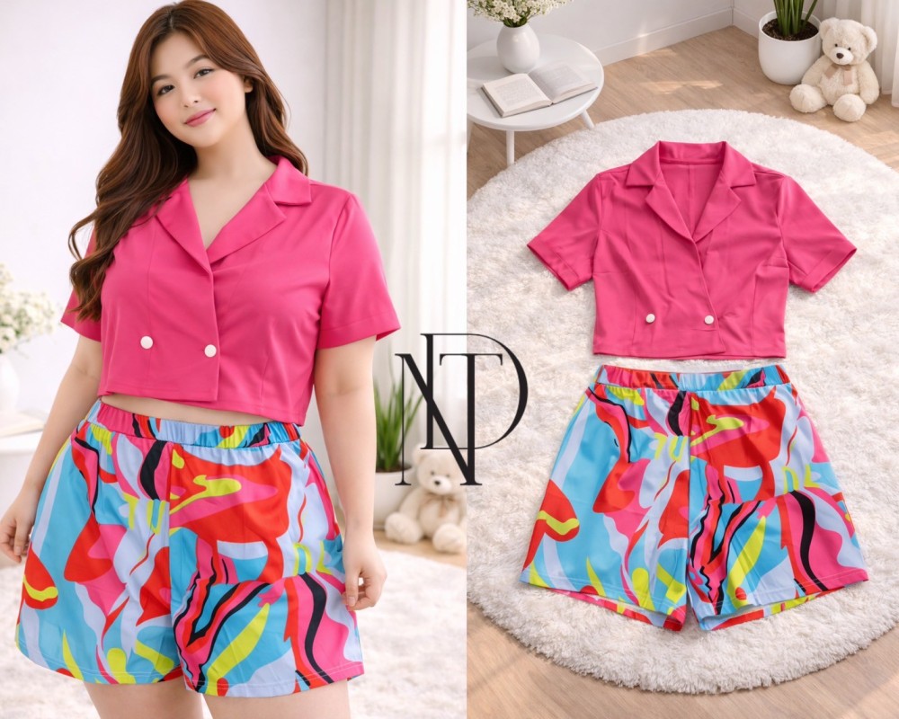 S021 : เซทครอปชมพู + กางเกงลายแฟชั่น (พร้อมส่งภายใน 24 ชม.) Pink crop set + fashion patterned pants (ready to ship within 24 hrs.)