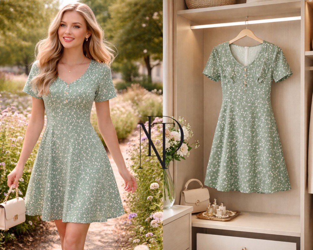 D112: เดรสลายดอกโทนเขียว (พร้อมส่งภายใน 24 ชม.) Green tone floral dress (ready to ship within 24 hours)