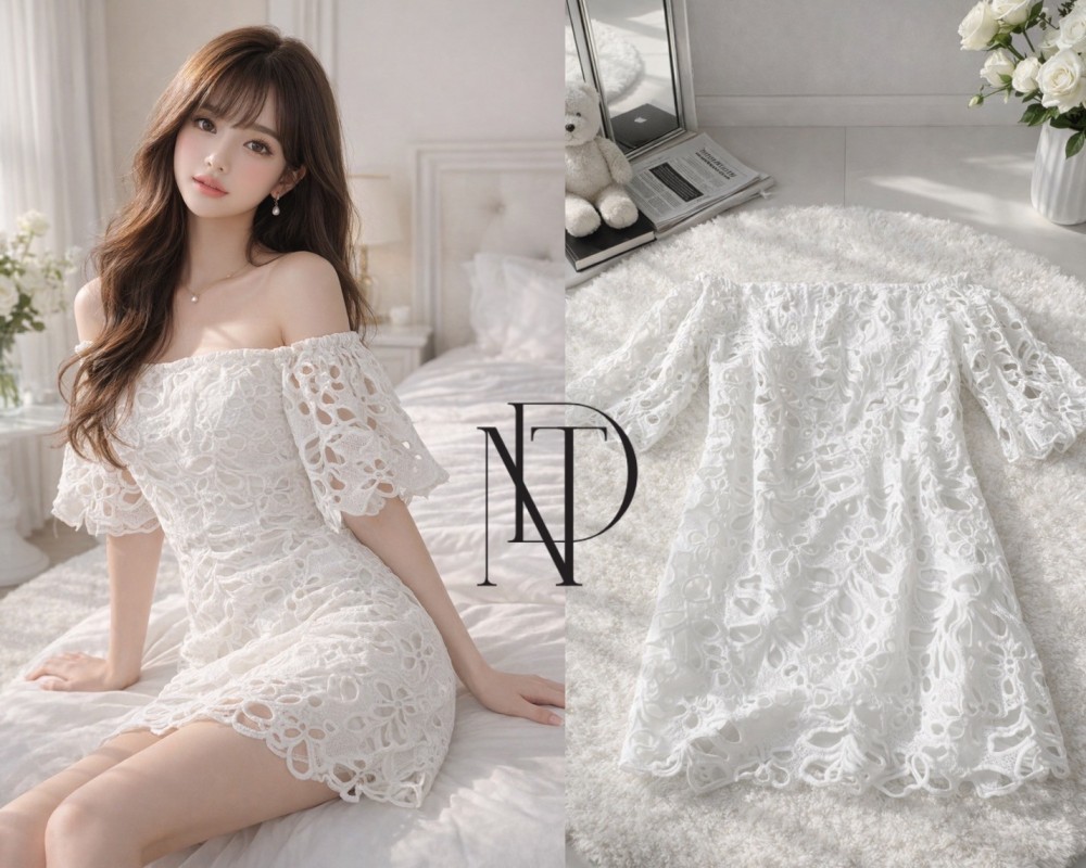 D113 : เดรสลูกไม้เปิดไหล่ สีขาว (พร้อมส่งภายใน 24 ชม.) Off-shoulder lace dress, white (ready to ship within 24 hours)
