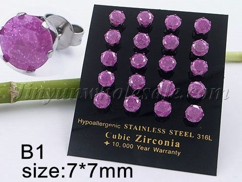 Stainless Steel Jewelry Pink Round Ice Flower Zircon Silvery Earrings