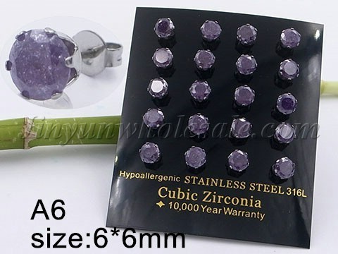 Stainless Steel Jewelry Purple Round Ice Flower Zircon Silvery Earrings