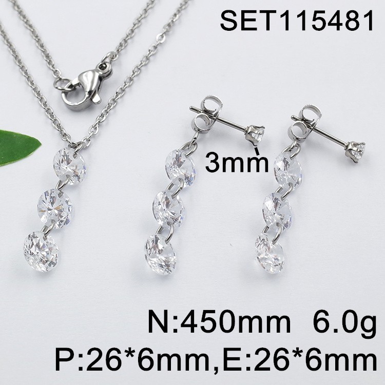 Stainless Steel Jewelry White Round Zircon Silvery SET