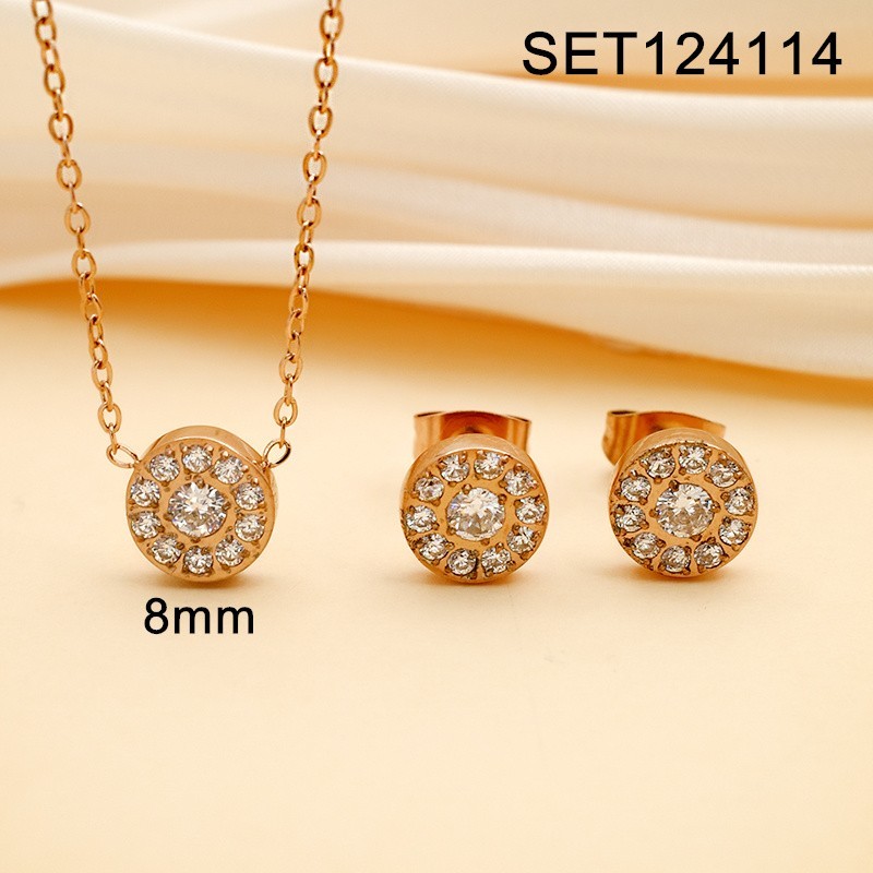 Stainless Steel New Trendy Women Jewelry Lnlaid Stone Round Steel color CNC SET