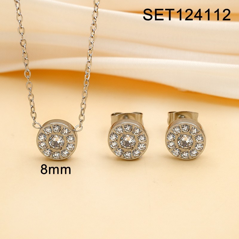 Stainless Steel New Trendy Women Jewelry Lnlaid Stone Round Steel color CNC SET