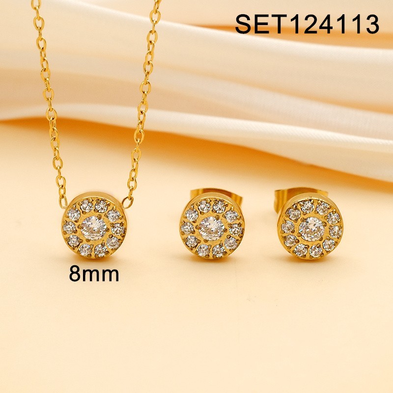 Stainless Steel New Trendy Women Jewelry Lnlaid Stone Round Steel color CNC SET