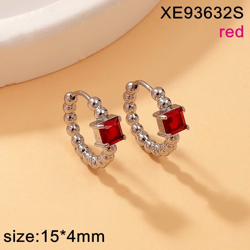 Stainless Steel New Trendy Women Jewelry Round Bead Studded Square Red Glass Golden Earrings