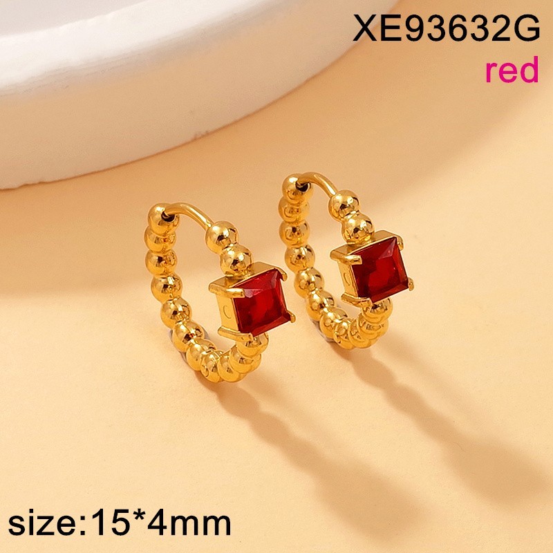 Stainless Steel New Trendy Women Jewelry Round Bead Studded Square Red Glass Golden Earrings