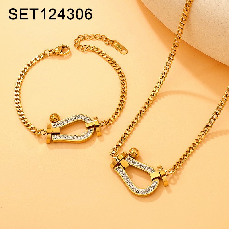 Stainless Steel New Trendy Women Jewelry Sticky Stone White Horseshoe buckle Golden SET