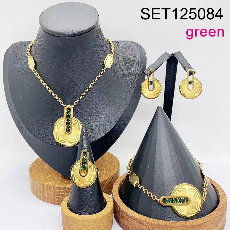 Stainless Steel New Trendy Women Jewelry Green Sticky Stone Golden 4pcs SET