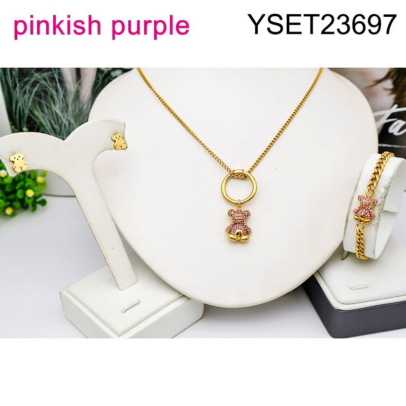 Level B Stainless Steel New Trendy Women Jewelry Animal Pinkish purple Stone Golden 3pcs SET