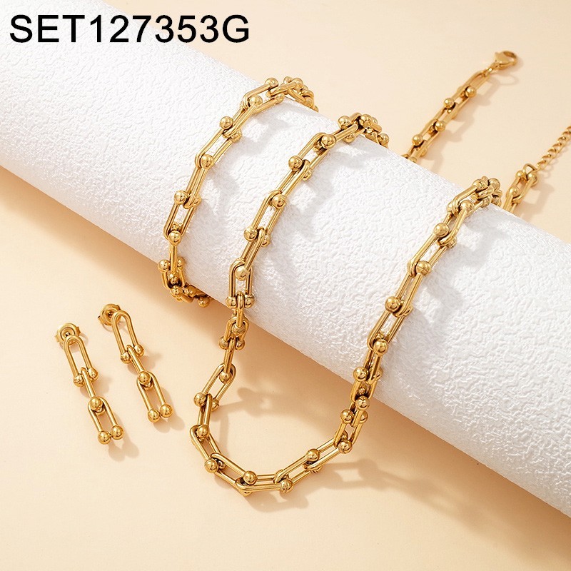 Level A Stainless Steel New Trendy Women Jewelry Horseshoe buckle Golden Chain 3pcs SET