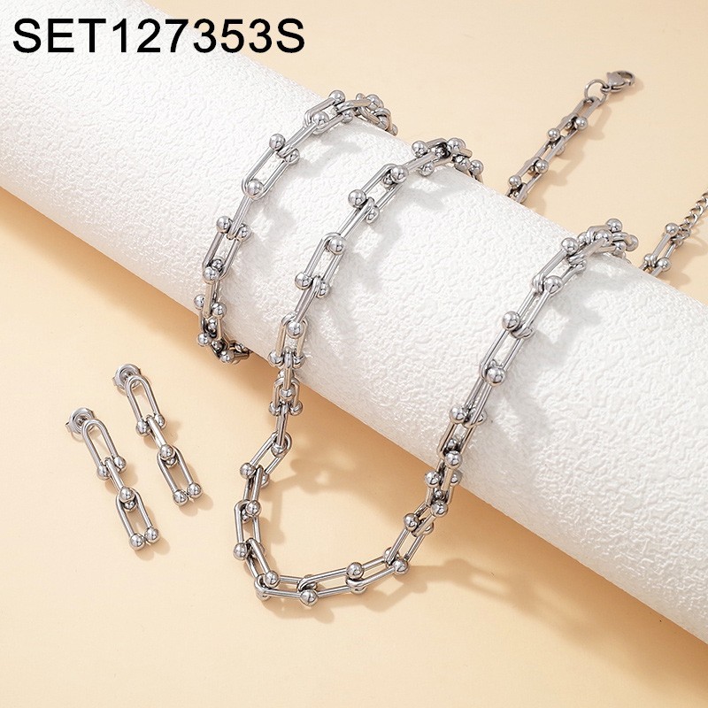 Level A Stainless Steel New Trendy Women Jewelry Horseshoe buckle Steel color Chain 3pcs SET