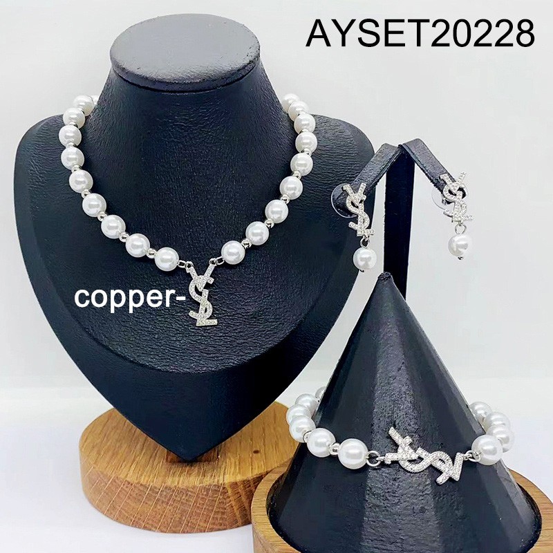 Level B Fashion Jewelry New Trendy Women Jewelry Pearl Style/Plastic Beads Steel color 3pcs SET;Material:copper (cobre)
