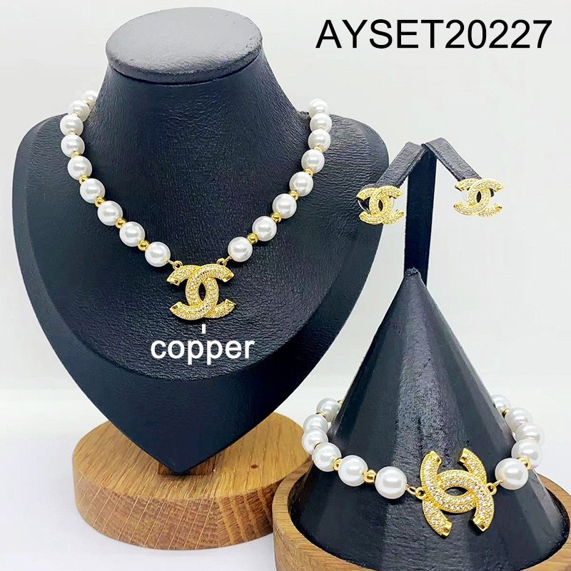 Level B Fashion Jewelry New Trendy Women Jewelry Pearl Style/Plastic Beads Golden 3pcs SET;Material:copper (cobre)
