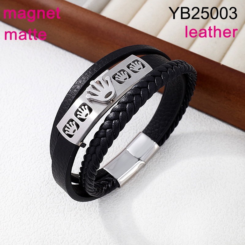 Level B Stainless Steel New Trendy Man Jewelry Three Layer Chain Steel color Magnet buckle Braided Leather Bracelet