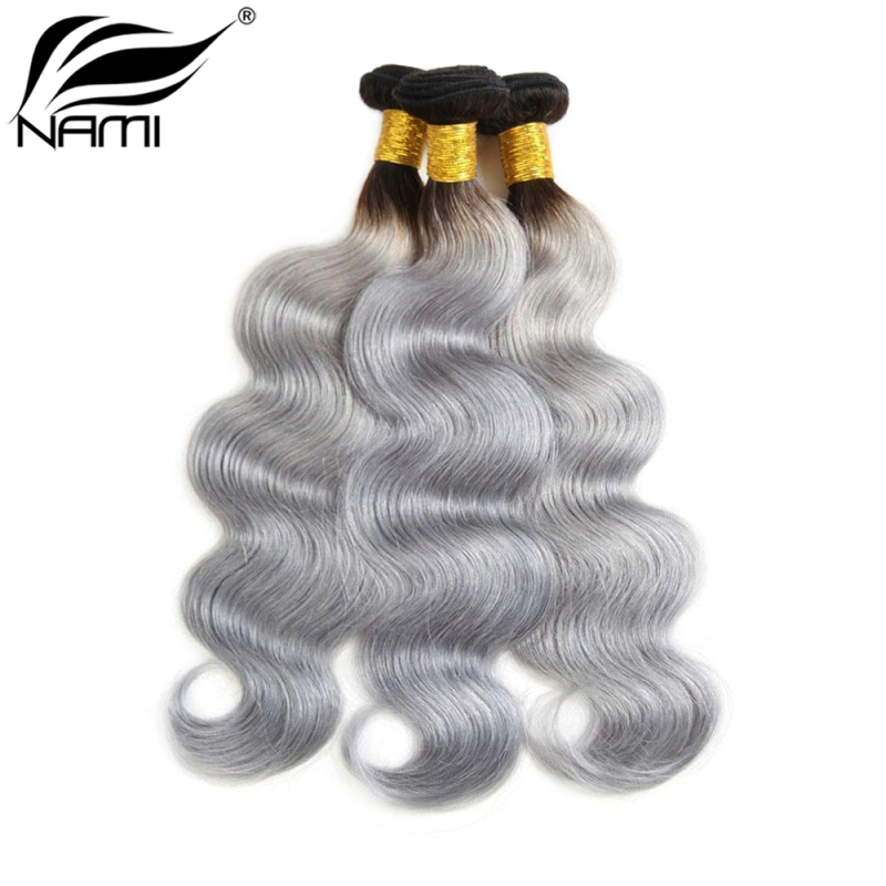 NAMI HAIR Ombre Color T1B/Grey Brazilian Body Wave Virgin Human Hair Extensions 3 Bundles