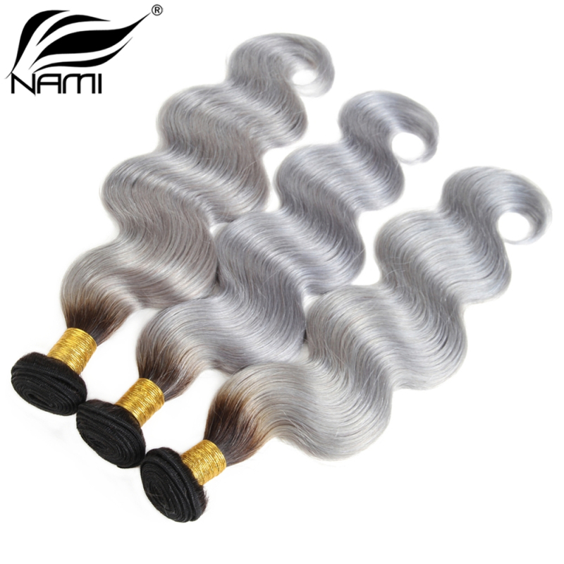 NAMI HAIR Ombre Color T1B/Grey Brazilian Body Wave Virgin Human Hair Extensions 4 Bundles