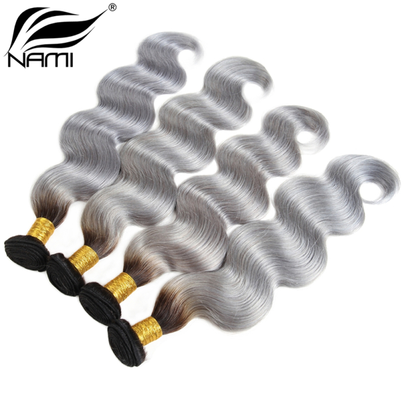 NAMI HAIR Ombre Color T1B/Grey Brazilian Body Wave Virgin Human Hair Extensions 4 Bundles