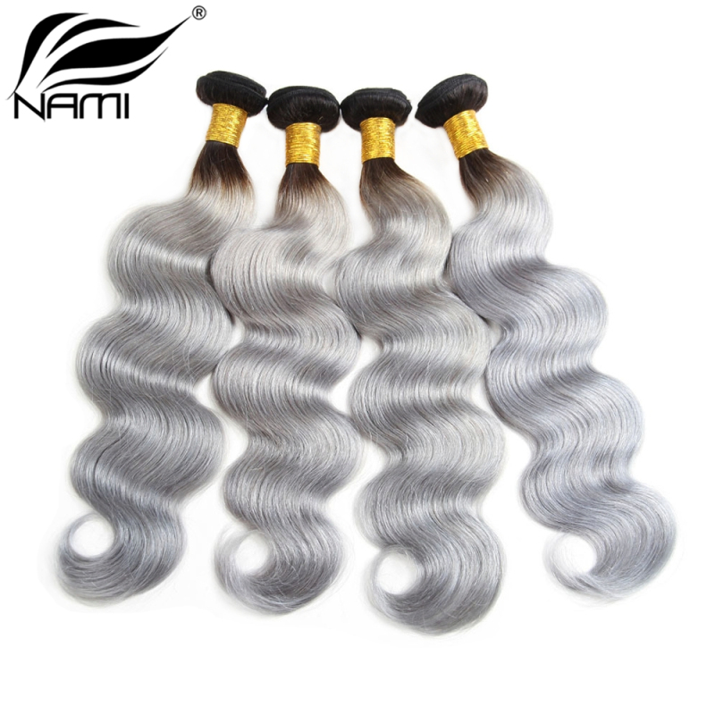 NAMI HAIR Ombre Color T1B/Grey Brazilian Body Wave Virgin Human Hair Extensions 4 Bundles