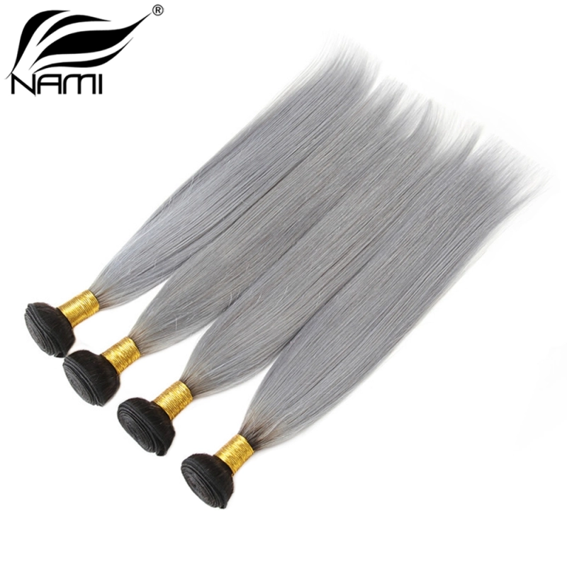 NAMI HAIR Ombre Color T1B/Grey Brazilian Straight Virgin Human Hair Extensions 3 Bundles