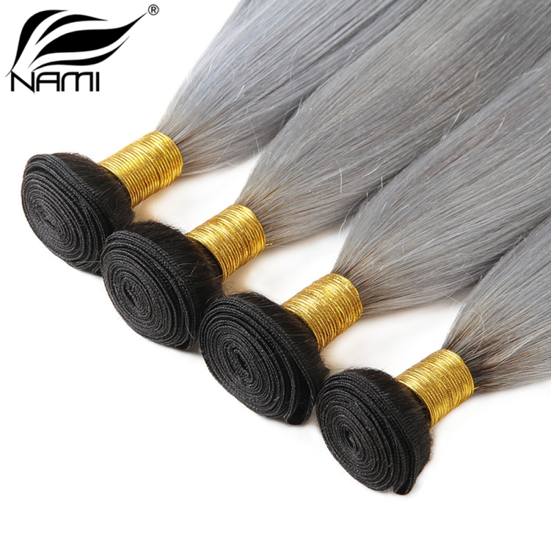 NAMI HAIR Ombre Color T1B/Grey Brazilian Straight Virgin Human Hair Extensions 4 Bundles