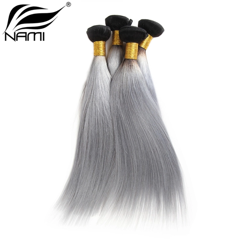 NAMI HAIR Ombre Color T1B/Grey Brazilian Straight Virgin Human Hair Extensions 3 Bundles