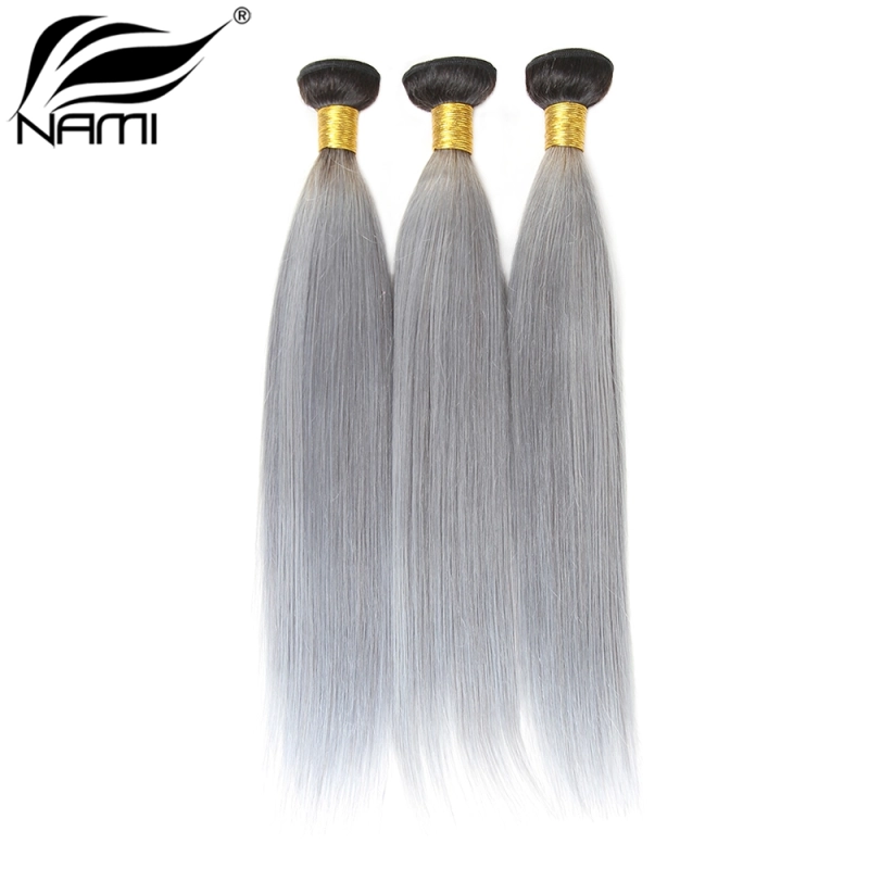 NAMI HAIR Ombre Color T1B/Grey Brazilian Straight Virgin Human Hair Extensions 3 Bundles