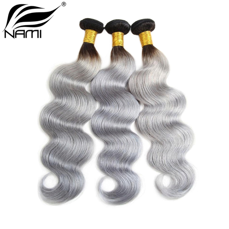 NAMI HAIR Ombre Color T1B/Grey Brazilian Body Wave Virgin Human Hair Extensions 3 Bundles