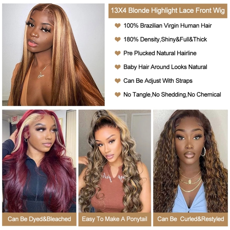 FORIS HAIR HIghlight 13X4 Transparent Lace Front Wig Brazilian Straight Virgin Human Hair