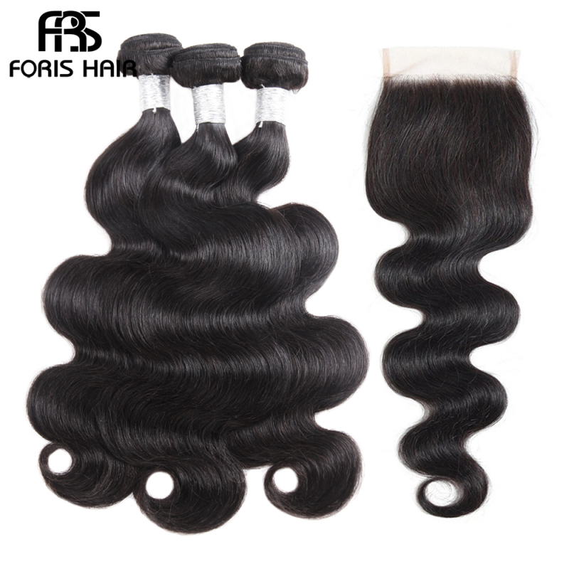 FORIS HAIR Brazilian Body Wave Virgin Hair 3 Bundles With Lace Closure Natural Color