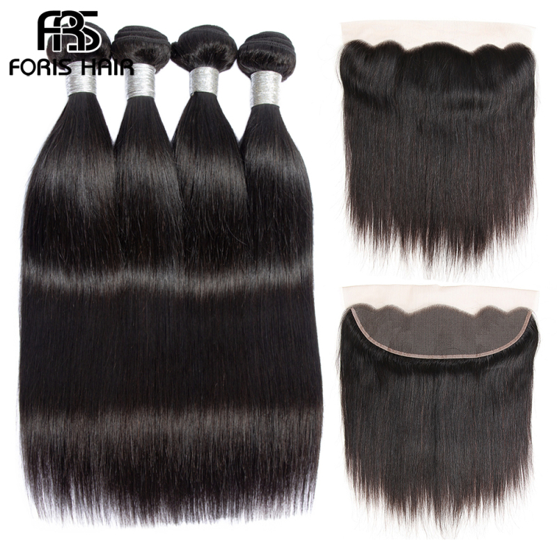 FORIS HAIR Brazilian Straight Virgin Hair 4 Bundles With Lace Frontal Closure Natural Color