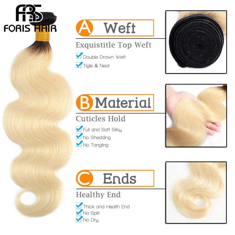 FORIS HAIR Ombre Color T1B/613 Brazilian Body Wave Virgin Human Hair Extensions 4 Bundles