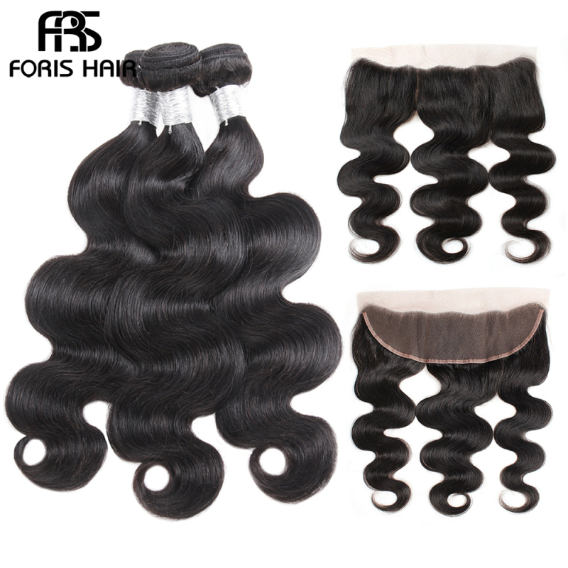 FORIS HAIR Brazilian Body Wave Virgin Hair 4 Bundles With Lace Frontal Closure Natural Color