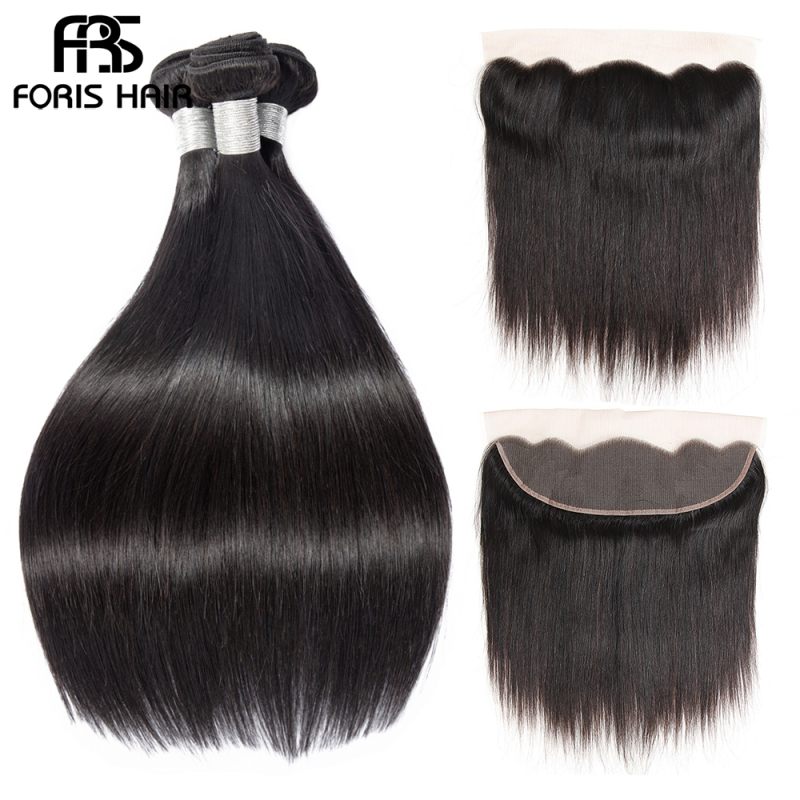 FORIS HAIR Brazilian Straight Virgin Hair 3 Bundles With Lace Frontal Closure Natural Color