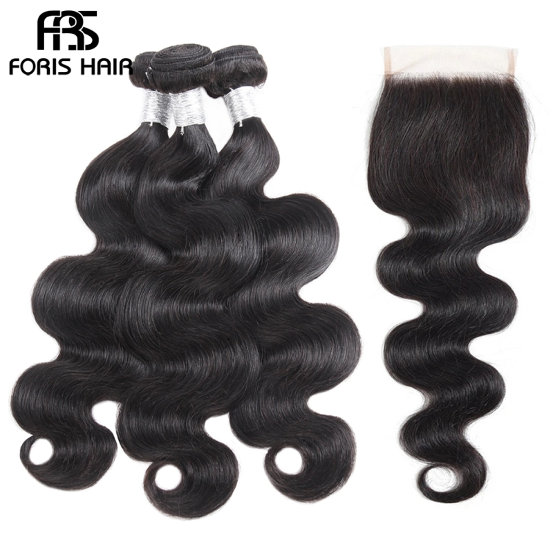 FORIS HAIR Brazilian Body Wave Virgin Hair 4 Bundles With Lace Closure Natural Color