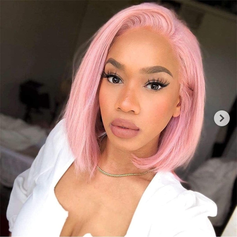 FORIS HAIR Pink HD Transparent Straight Virgin Human Hair 180% Density Short Bob Lace Wig