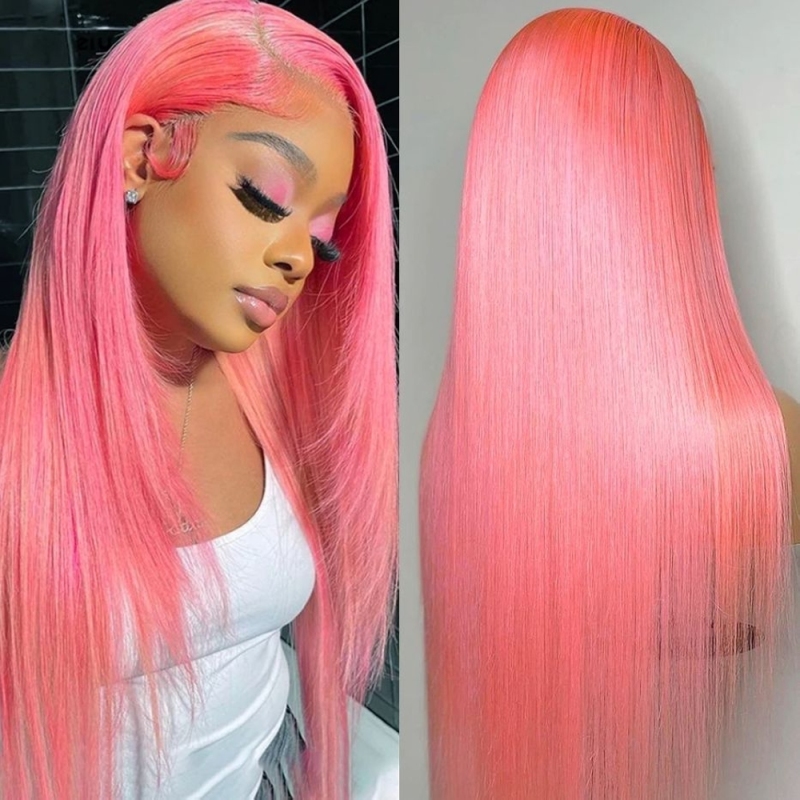 FORIS HAIR Pink 13X4 Transparent Lace Front Wig Brazilian Straight Virgin Human Hair