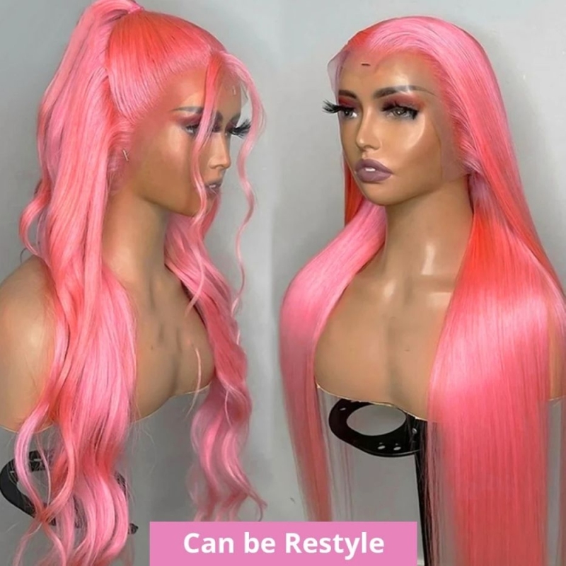 FORIS HAIR Pink 13X4 Transparent Lace Front Wig Brazilian Straight Virgin Human Hair