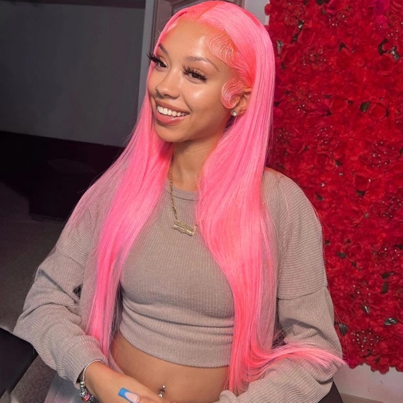 FORIS HAIR Pink 13X4 Transparent Lace Front Wig Brazilian Straight Virgin Human Hair