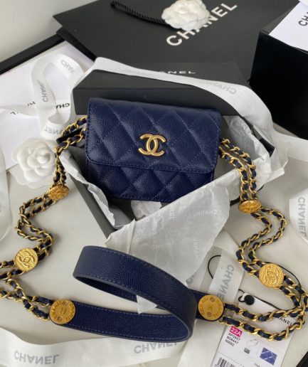 Chanel Clutch With Chain Gold Hardware Grained Shinny Navy Blue For Women, Women’s Handbags, Shoulder Bags 4.7in/12cm AP2857
