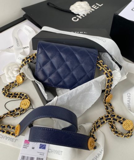 Chanel Clutch With Chain Gold Hardware Grained Shinny Navy Blue For Women, Women’s Handbags, Shoulder Bags 4.7in/12cm AP2857