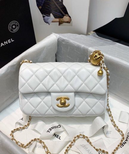 Chanel Flap Bag With CC Ball On Strap White For Women, Women’s Handbags, Shoulder And Crossbody Bags 7.8in/20cm