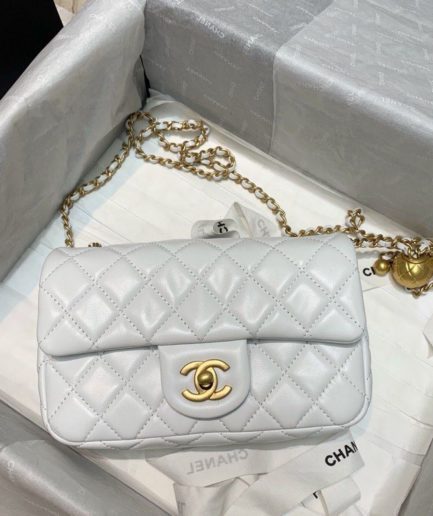 Chanel Flap Bag With CC Ball On Strap White For Women, Women’s Handbags, Shoulder And Crossbody Bags 7.8in/20cm