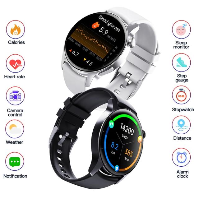 2023 New 1.35" Round High Resolution Screen Blood Glucose Blood Pressure Body Temperature Test Heart Rate Monitor Reloj Inteligente Fitness IP67 Smart Watches