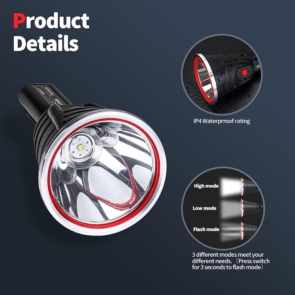 Hunting friends High Power Handheld Spotlight Rechargeable LED Flashlights Waterproof Searchlight with Battery Indicator Rechargeable Torch Flashlight (White Light)